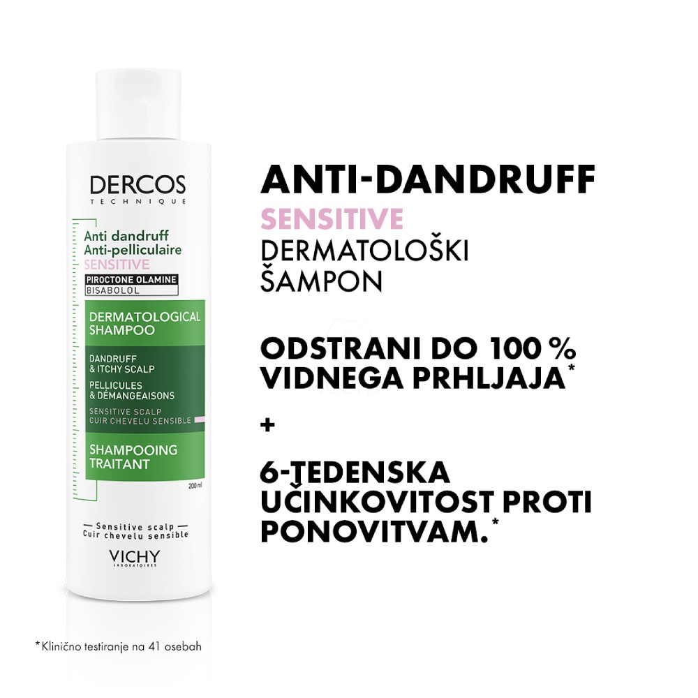 Vichy Dercos Antipelliculare Sensitive, negovalni šampon proti prhljaju za občutljive lase (200 ml)
