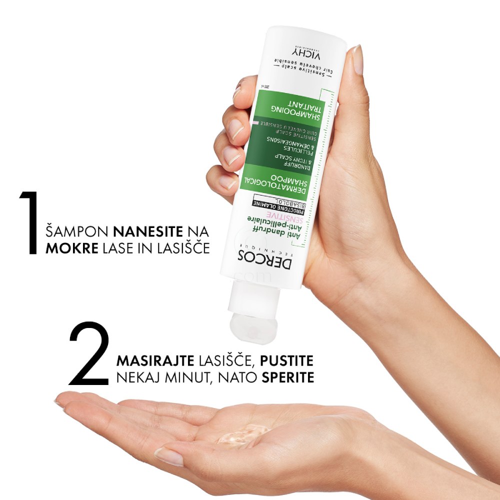 Vichy Dercos Antipelliculare Sensitive, negovalni šampon proti prhljaju za občutljive lase (200 ml)
