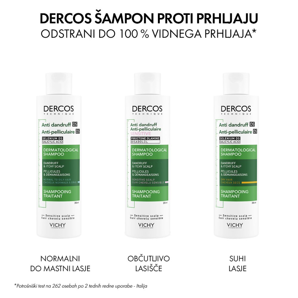 Vichy Dercos Antipelliculare Sensitive, negovalni šampon proti prhljaju za občutljive lase (200 ml)