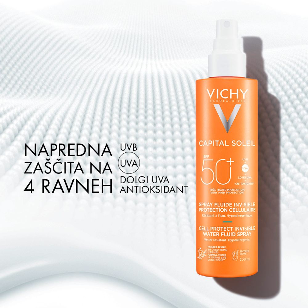 Vichy Capital Soleil, fluid na vodni osnovi v pršilu za zaščito kožnih celic - ZF50+ (200 ml)