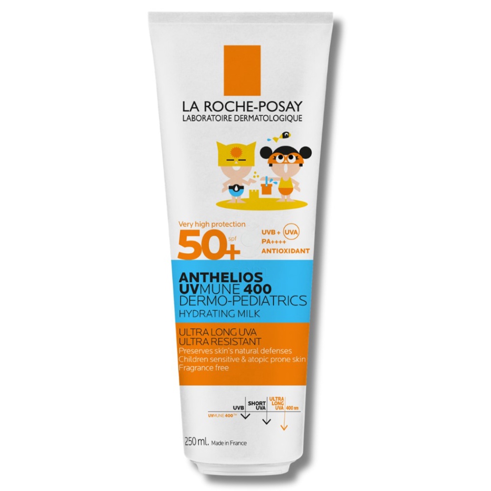 LRP Anthelios UVmune 400 Dermo Pediatrics, vlažilno mleko za zaščito pred soncem za otroke - ZF50+ (250 ml)