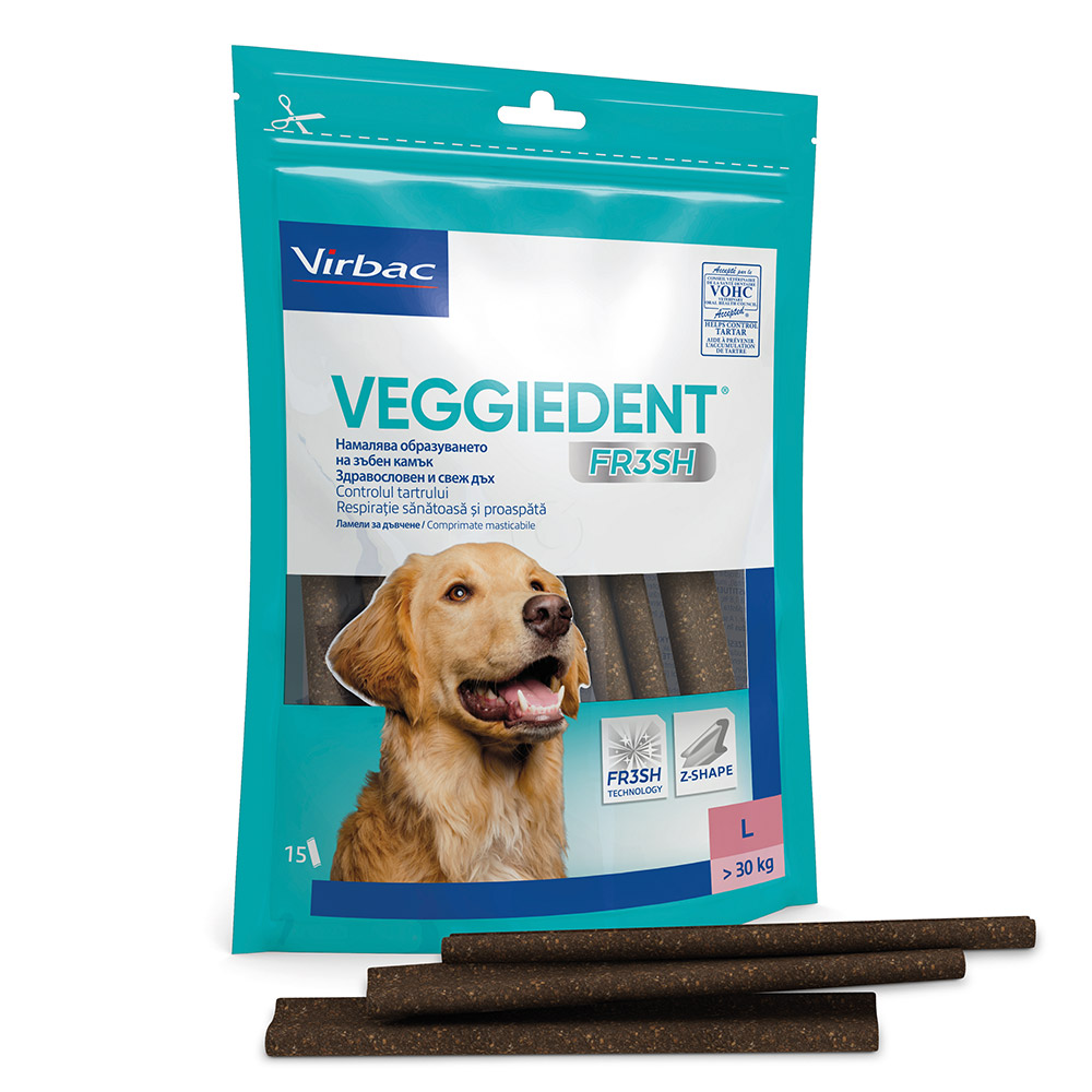 VeggieDent Fresh, okusne žvečljive palčke za velike pse nad 30 kg za nadzor nad zobnim kamnom & zobnimi oblogami (15 palčk)