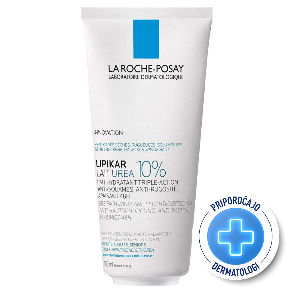 LRP Lipikar Lait Urea 10%, vlažilni losjon s trojnim učinkom za glajenje in pomiritev zelo suhe ter grobe kože (200 ml)