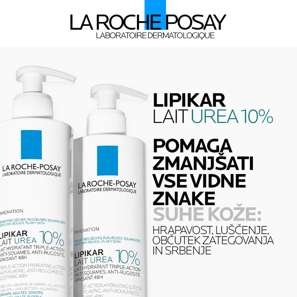 LRP Lipikar Lait Urea 10%, vlažilni losjon s trojnim učinkom za glajenje in pomiritev zelo suhe ter grobe kože (400 ml)