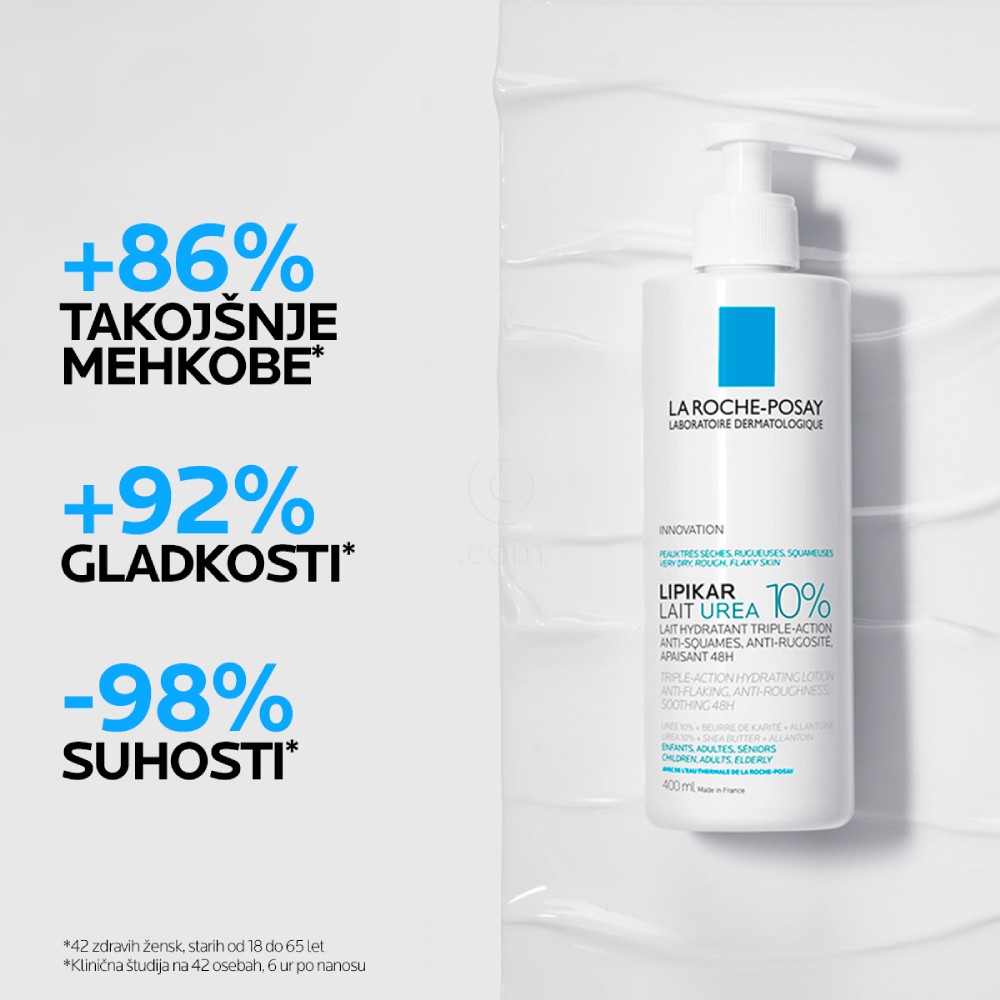 LRP Lipikar Lait Urea 10%, vlažilni losjon s trojnim učinkom za glajenje in pomiritev zelo suhe ter grobe kože (400 ml)