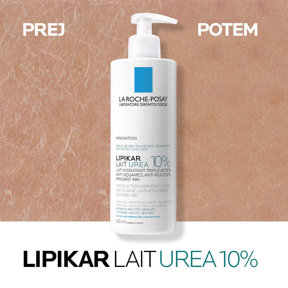 LRP Lipikar Lait Urea 10%, vlažilni losjon s trojnim učinkom za glajenje in pomiritev zelo suhe ter grobe kože (400 ml)