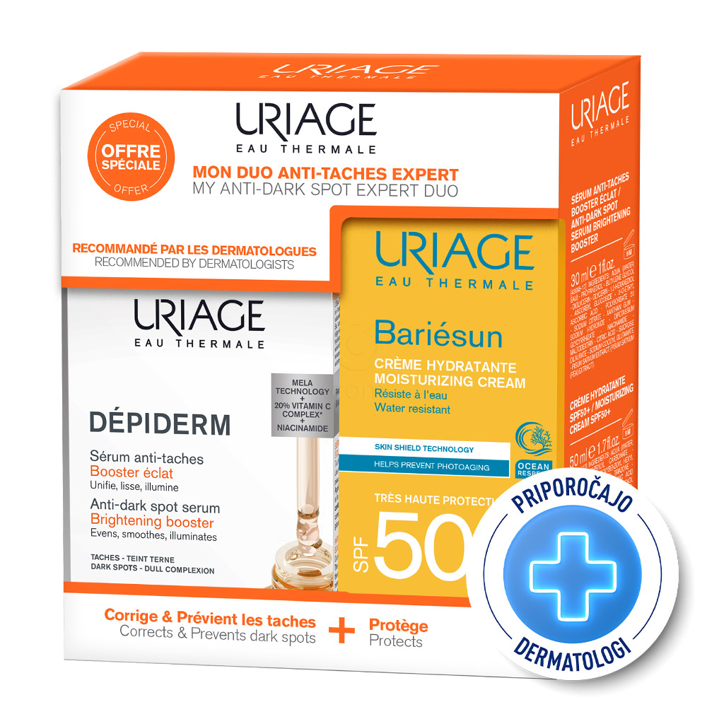 Uriage, duo paket proti hiperpgmentaciji - Depiderm Booster serum + Bariesun krema ZF50+ (30 ml + 50 ml)