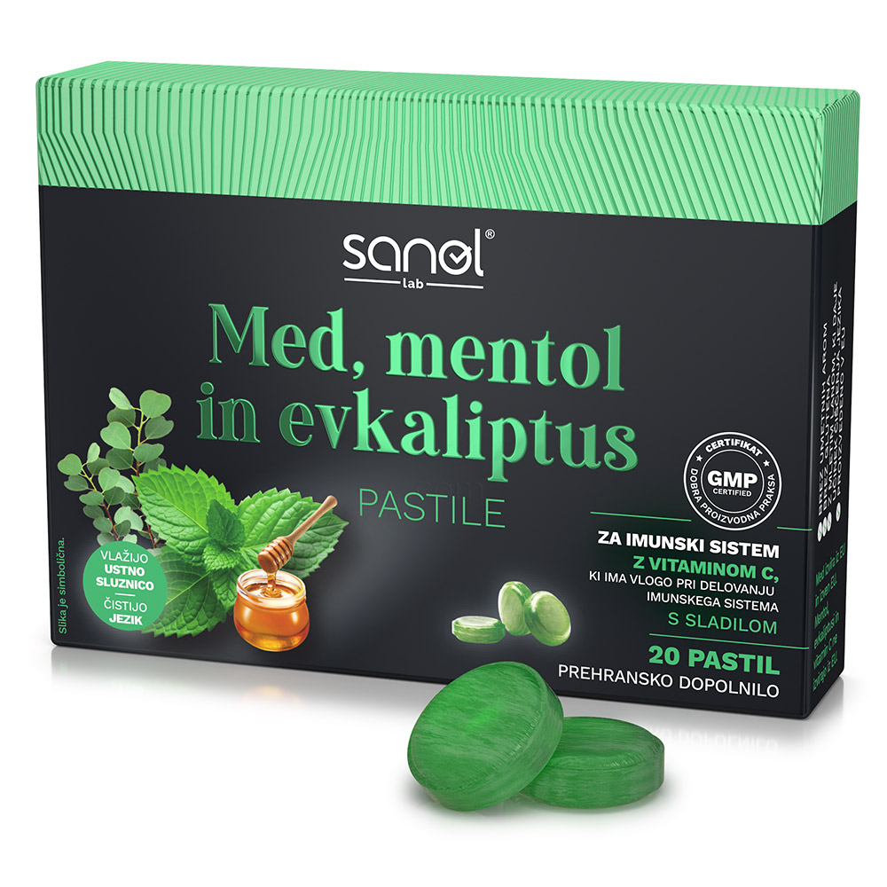 Sanol Lab, pastile z medom, mentolom in evkaliptusom (20 pastil)