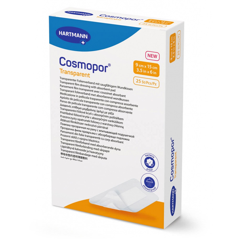 Cosmopor Transparent, sterilen prozorni obliž z vpojno blazinico - 9 x 15 cm (25 obližev)
