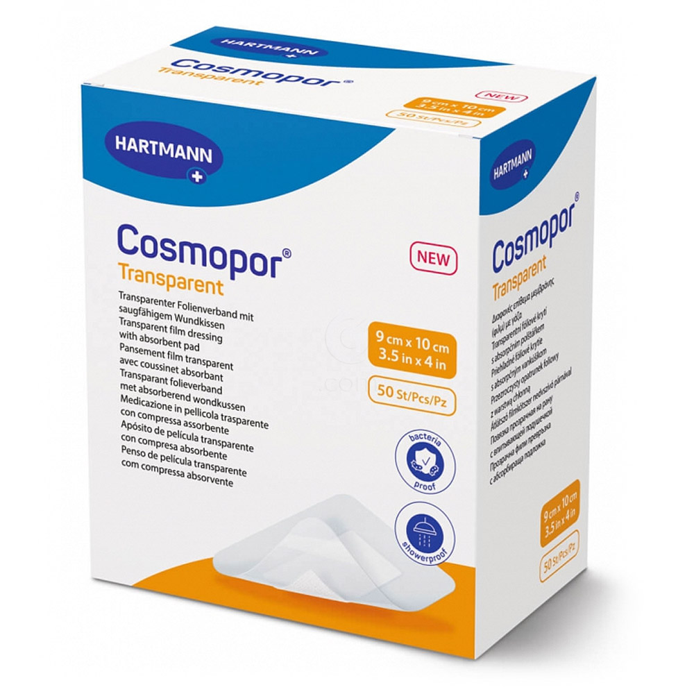 Cosmopor Transparent, sterilen prozorni obliž z vpojno blazinico - 5 x 7,2 cm (50 obližev)