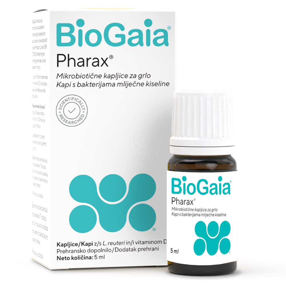 BioGaia Pharax, mikrobiotične kapljice za grlo z vitaminom D (5 ml)