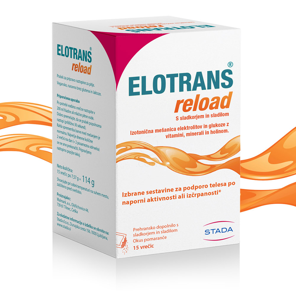 Elotrans reload, izotonična mešanica elektrolitov in glukoze - okus pomaranča - vrečke (15 x 7,57 g)