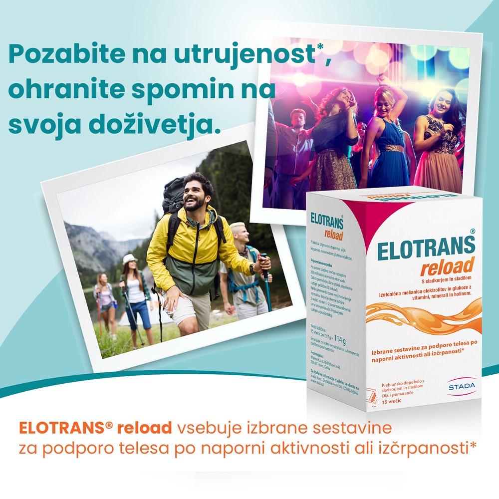 Elotrans reload, izotonična mešanica elektrolitov in glukoze - okus pomaranča - vrečke (15 x 7,57 g)