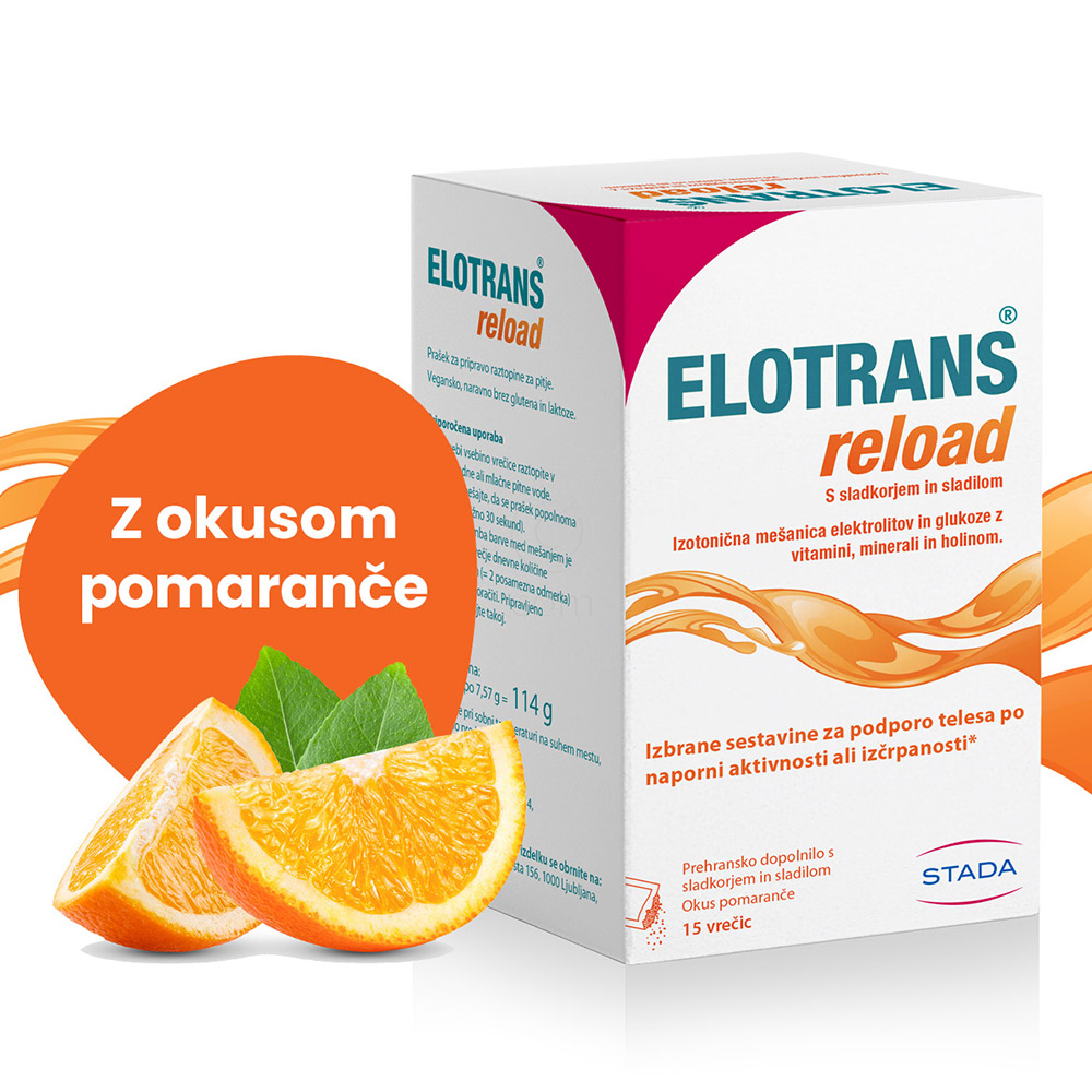 Elotrans reload, izotonična mešanica elektrolitov in glukoze - okus pomaranča - vrečke (15 x 7,57 g)