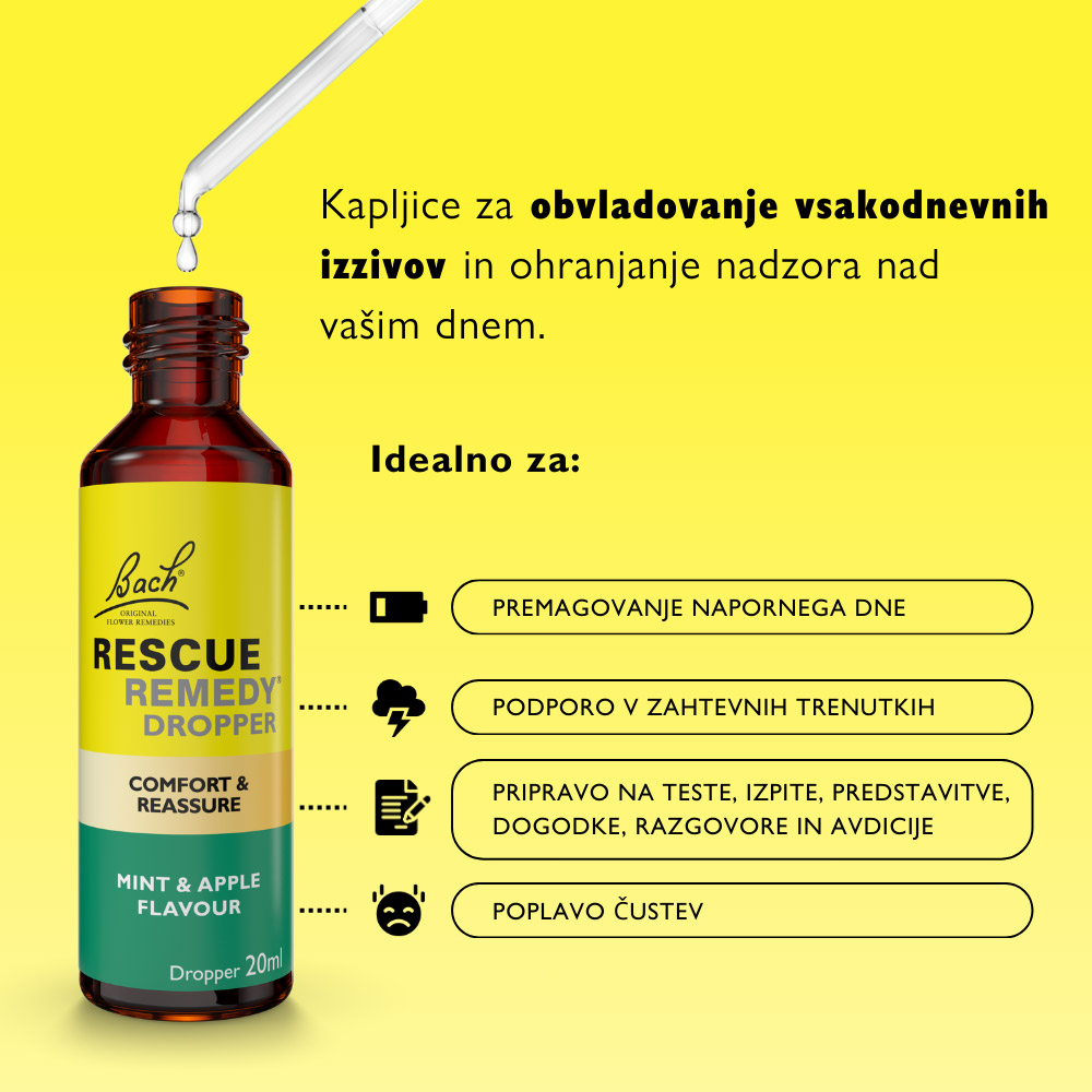 Bach Rescue, kapljice - okus meta in jabolko (20 ml)