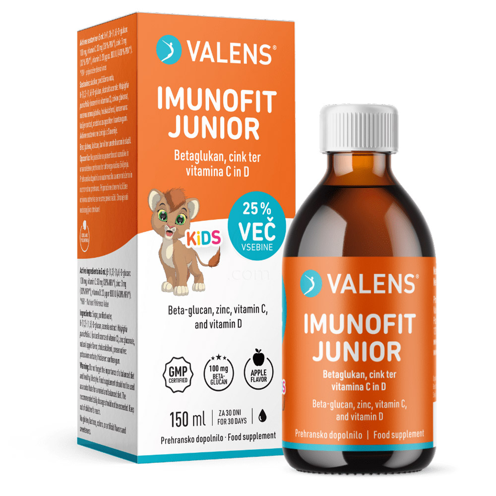 Valens Imunofit Junior, tekočina z beta-glukani, cinkom in vitaminoma C in D (150 ml)