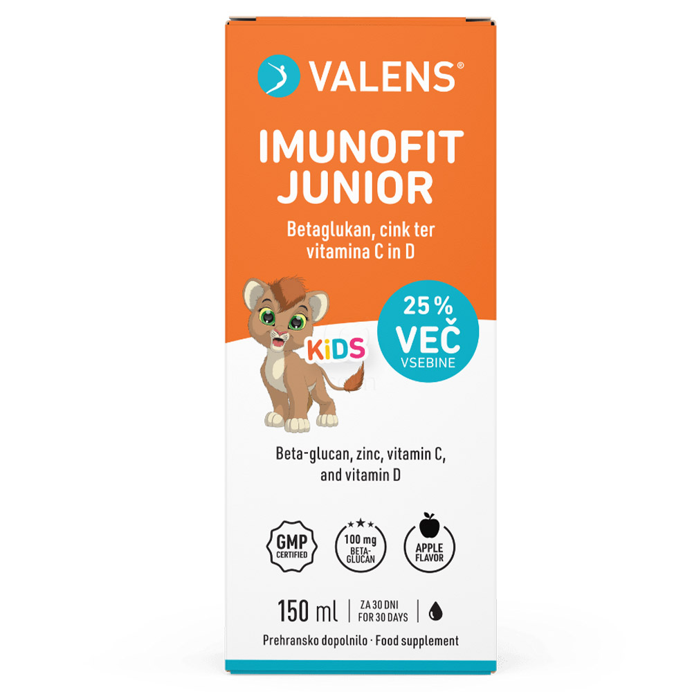 Valens Imunofit Junior, tekočina z beta-glukani, cinkom in vitaminoma C in D (150 ml)
