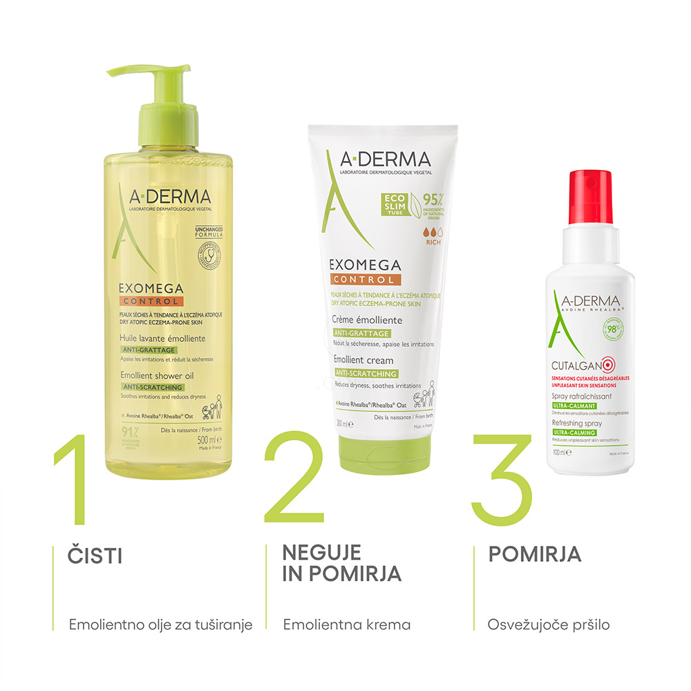A-Derma Exomega Control, emolientno čistilno olje za tuširanje za atopijsko kožo (500 ml)