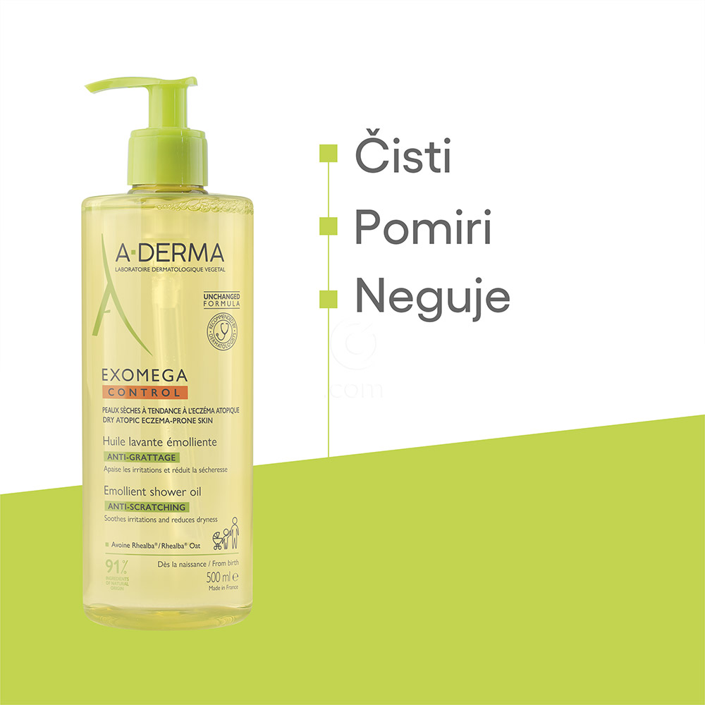A-Derma Exomega Control, emolientno čistilno olje za tuširanje za atopijsko kožo (500 ml)