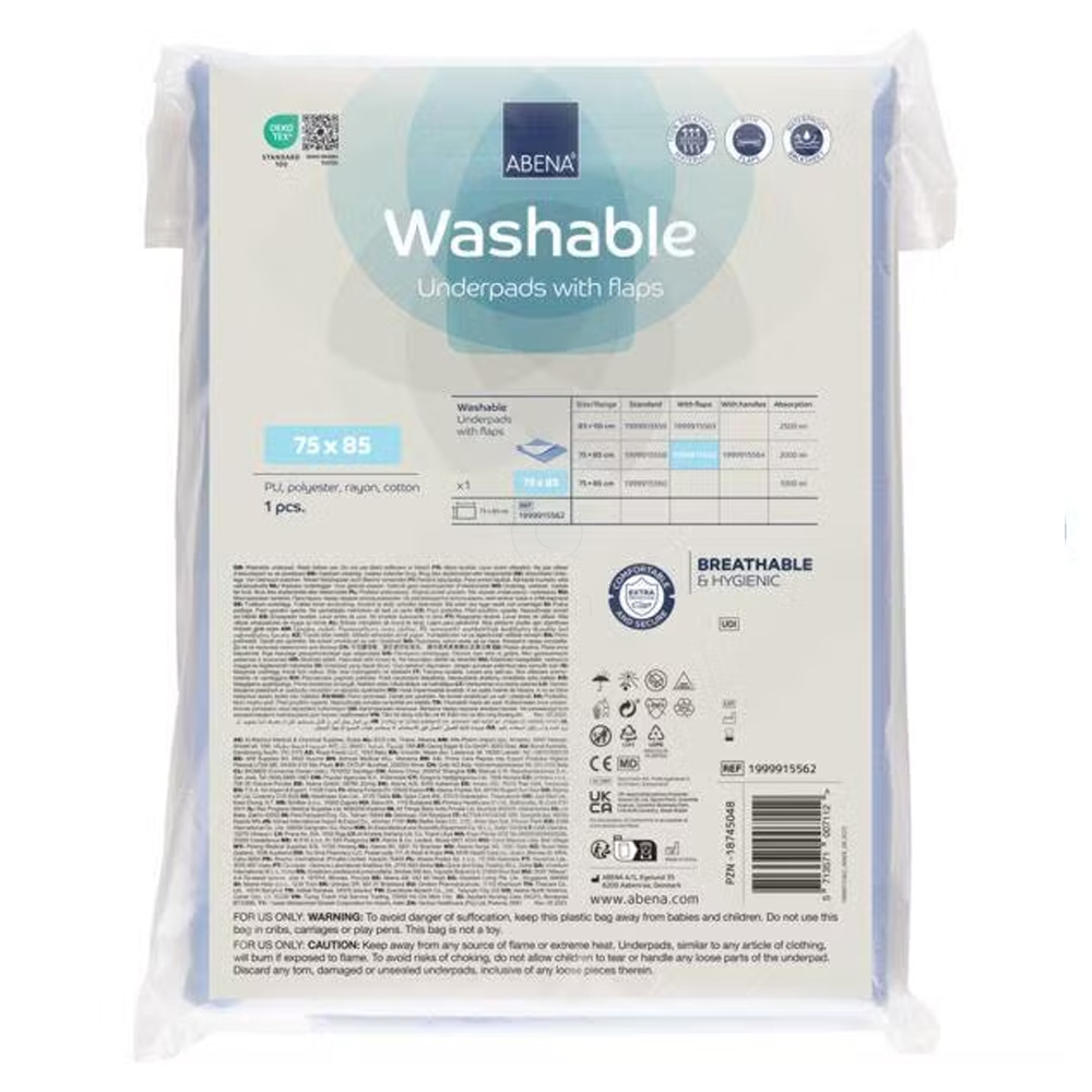 Abena, pralna posteljna podloga s stranskimi zavihki - 75 x 85 cm - modre barve (1 podloga)