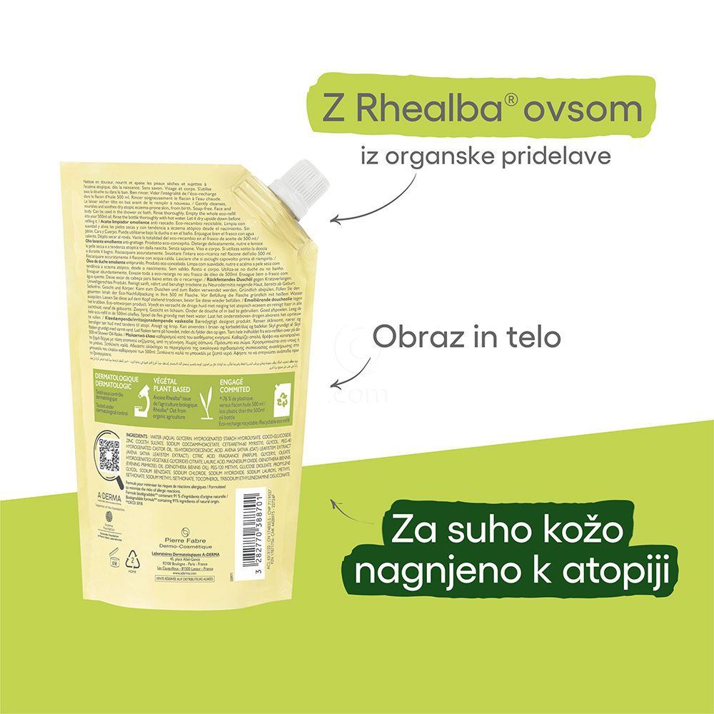 A-Derma Exomega Control, emolientno čistilno olje za tuširanje - Refill (500 ml)