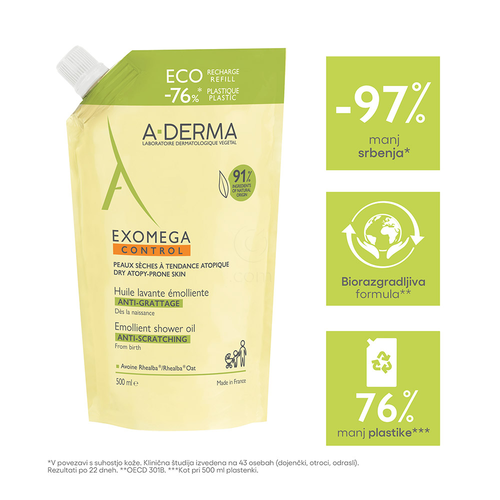 A-Derma Exomega Control, emolientno čistilno olje za tuširanje - Refill (500 ml)