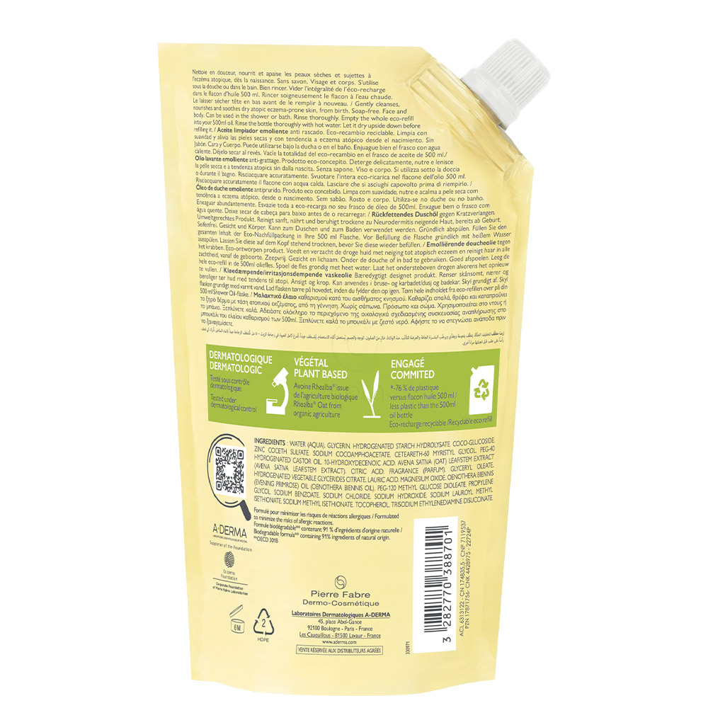 A-Derma Exomega Control, emolientno čistilno olje za tuširanje - Refill (500 ml)
