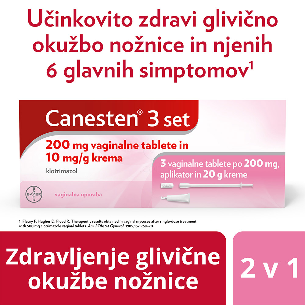 Canesten 3 set, 200 mg vaginalne tablete in 10 mg/g krema (3 globule + 20 g kreme)