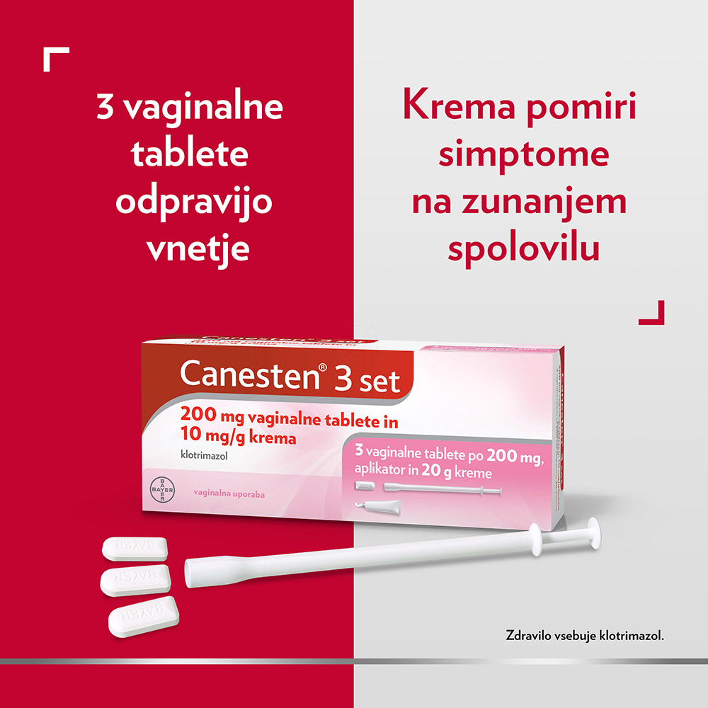 Canesten 3 set, 200 mg vaginalne tablete in 10 mg/g krema (3 globule + 20 g kreme)