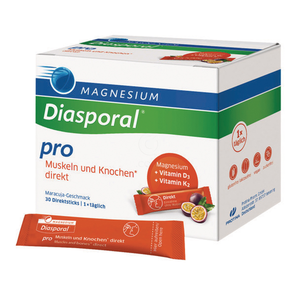 Magnesium-Diasporal Pro Direkt Mišice in kosti, granule v vrečkah - okus: marakuja (30 vrečk)