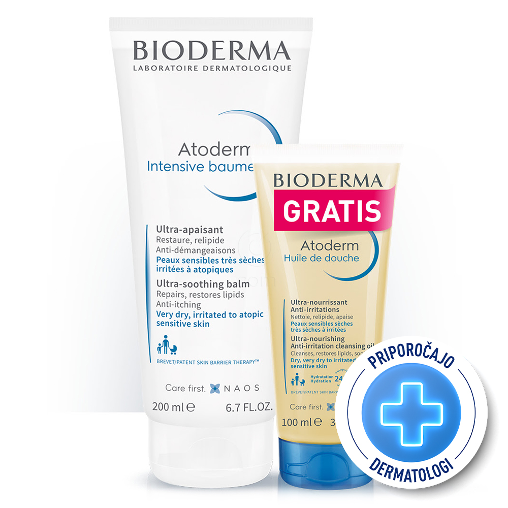 Bioderma Atoderm, paket - intenzivni balzam in hranilno olje za tuširanje (200 ml + 100 ml)