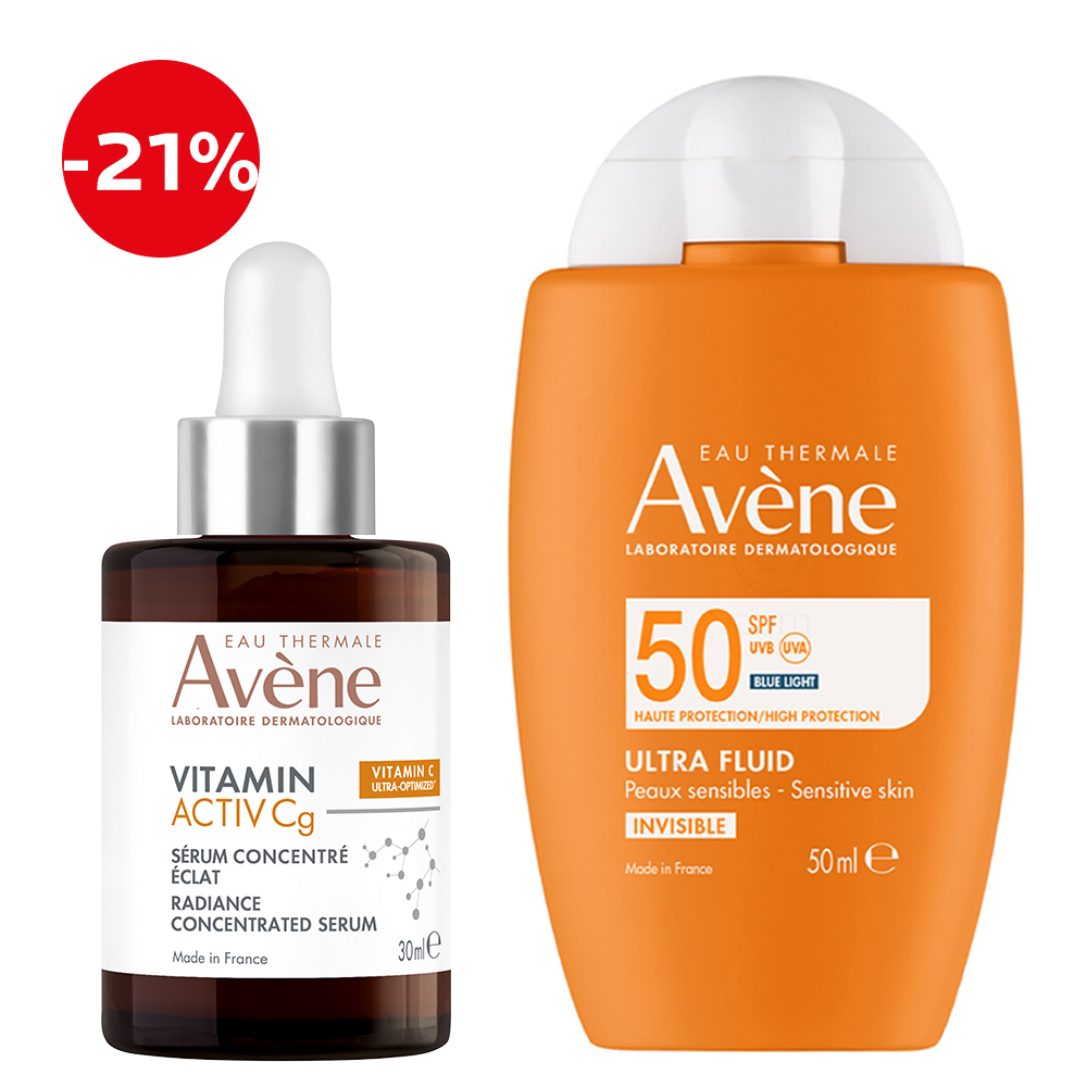 Avene, rutina proti temnim madežem - Activ Cg korektivni serum in Sun Ultra Fluid ZF50 (30 ml + 50 ml)