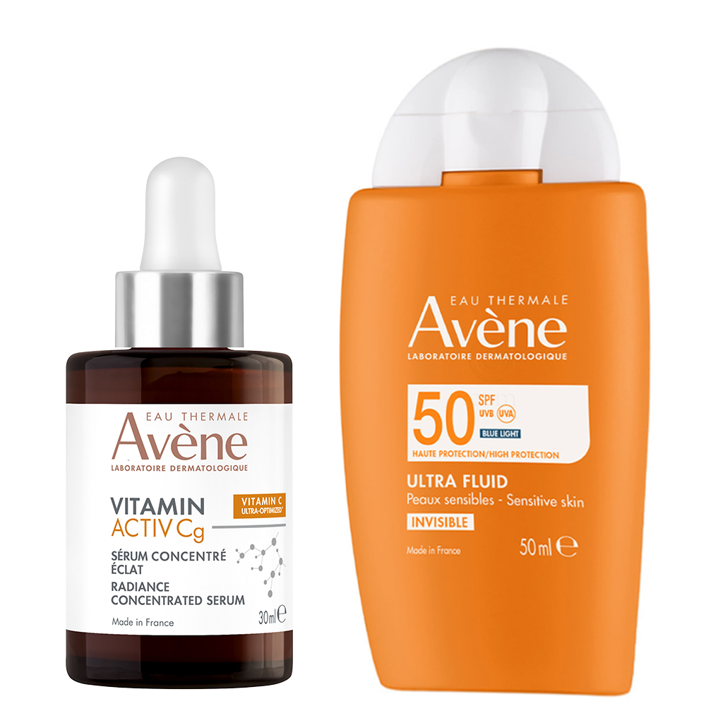 Avene, rutina proti temnim madežem - Activ Cg korektivni serum in Sun Ultra Fluid ZF50 (30 ml + 50 ml)