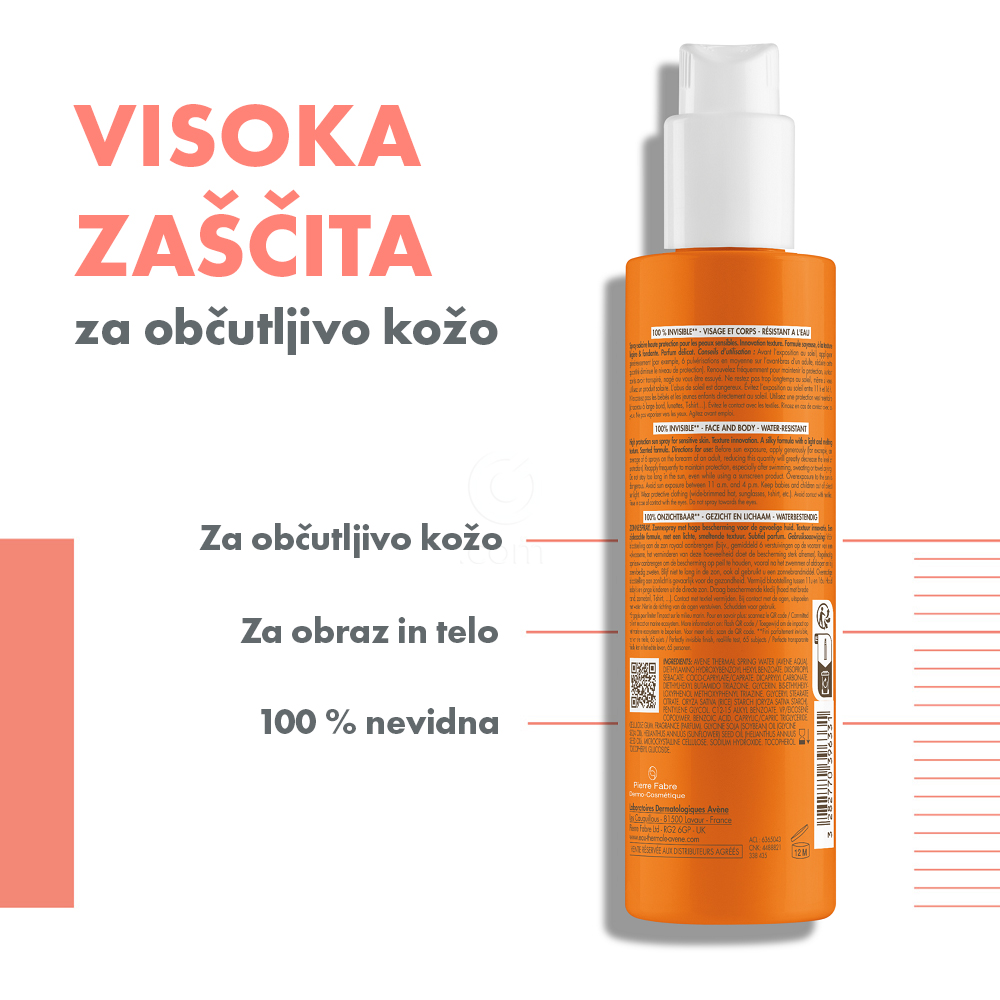 Avene Sun, nevidno pršilo za zaščito pred soncem - ZF50 (200 ml)