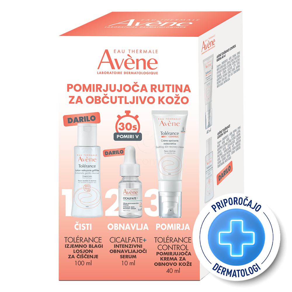 Avene Tolerance Control, paket za pomirjujočo nego kože - krema, losjon in serum (40 ml + 100 ml + 10 ml)