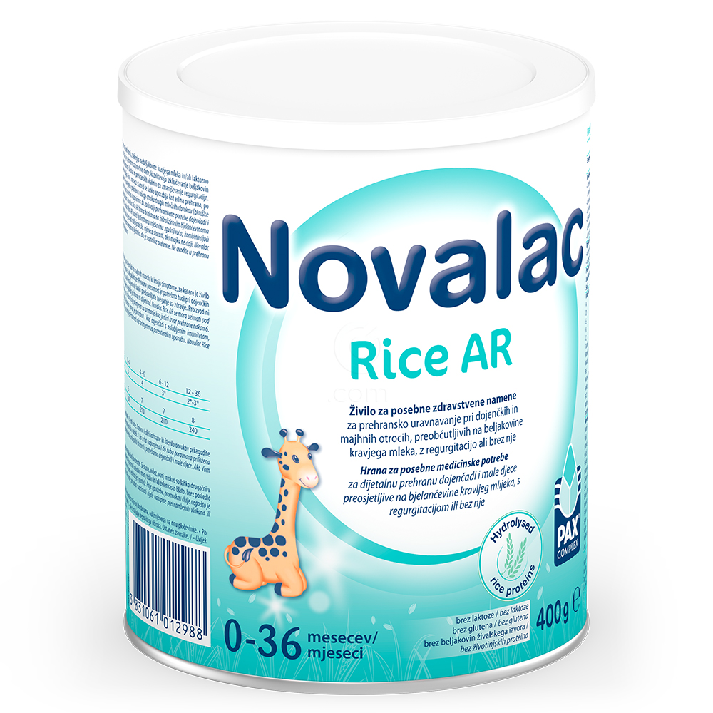 Novalac Rice AR, formula na rastlinski osnovi za dojenčke in majhne otroke - 0-36 mesecev (400 g)