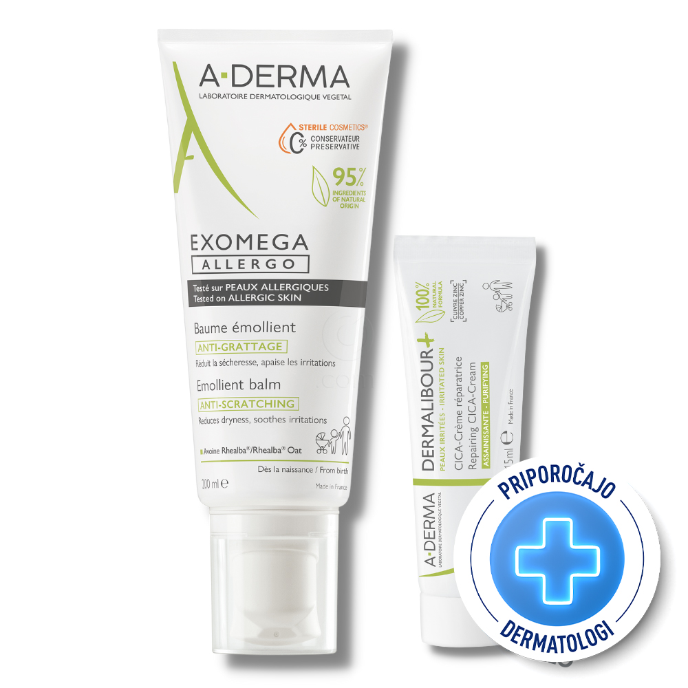 A-Derma Exomega Allergo, paket - emolientni balzam in obnavljajoča cica krema (200 ml + 15 ml)