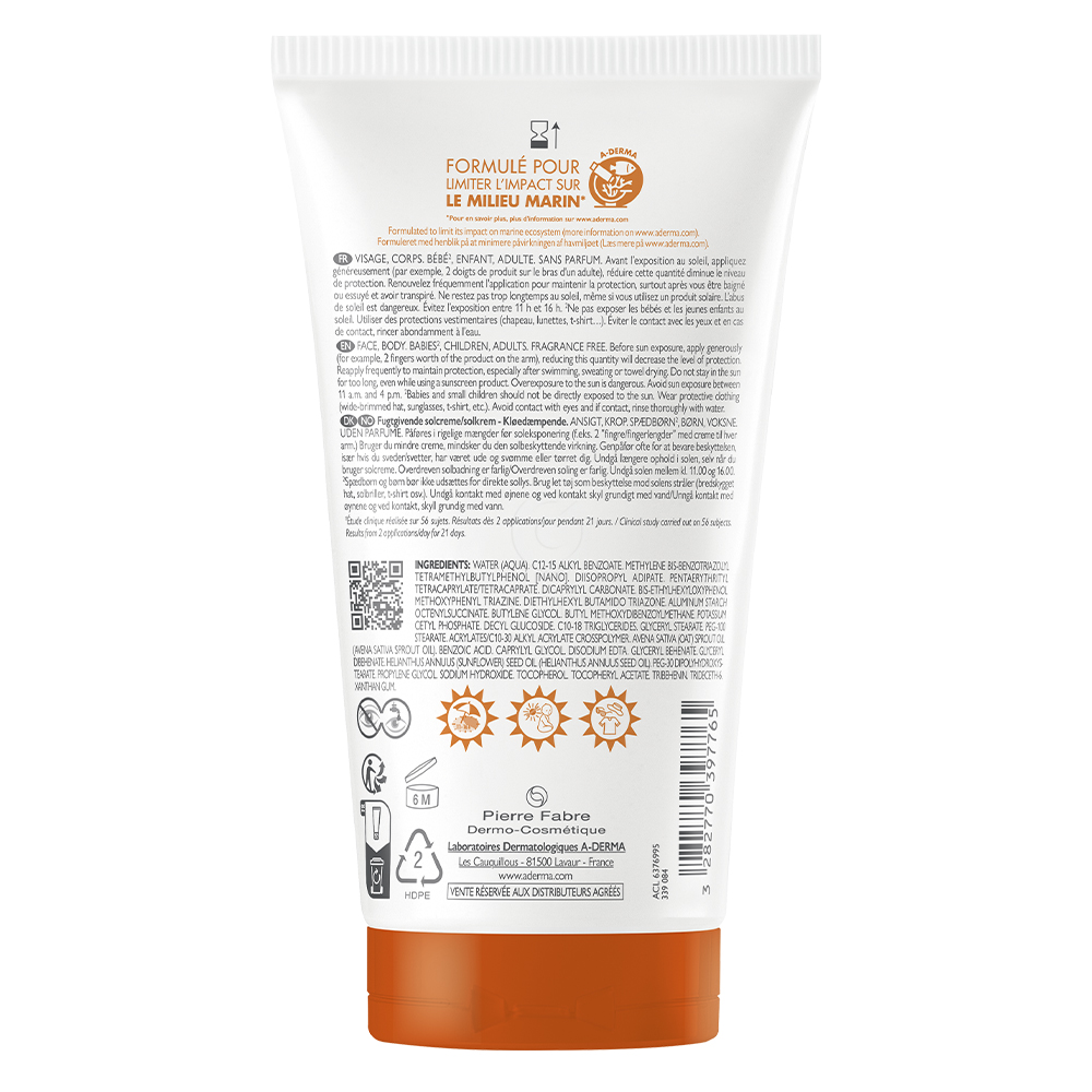 A-Derma Exomega Control, emolientna krema za zaščito pred soncem - ZF50+ (150 ml)