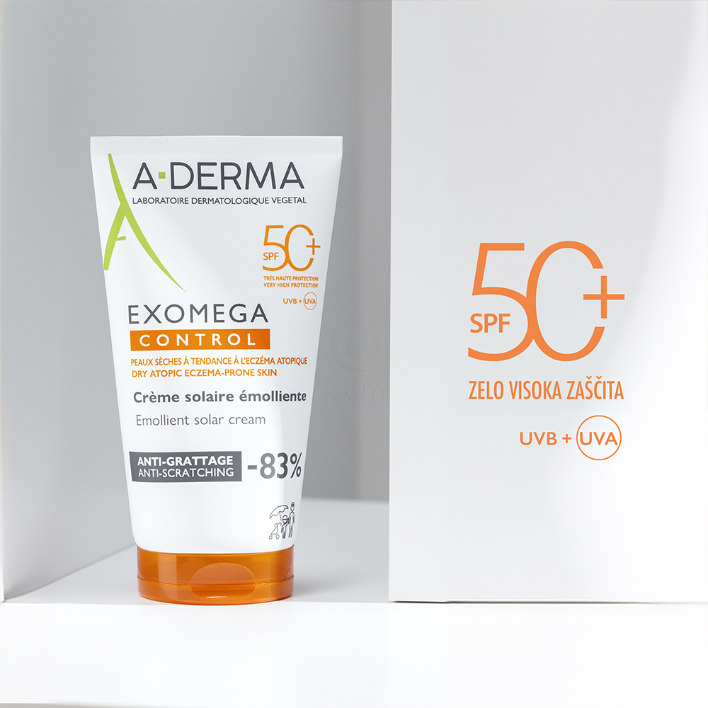 A-Derma Exomega Control, emolientna krema za zaščito pred soncem - ZF50+ (150 ml)