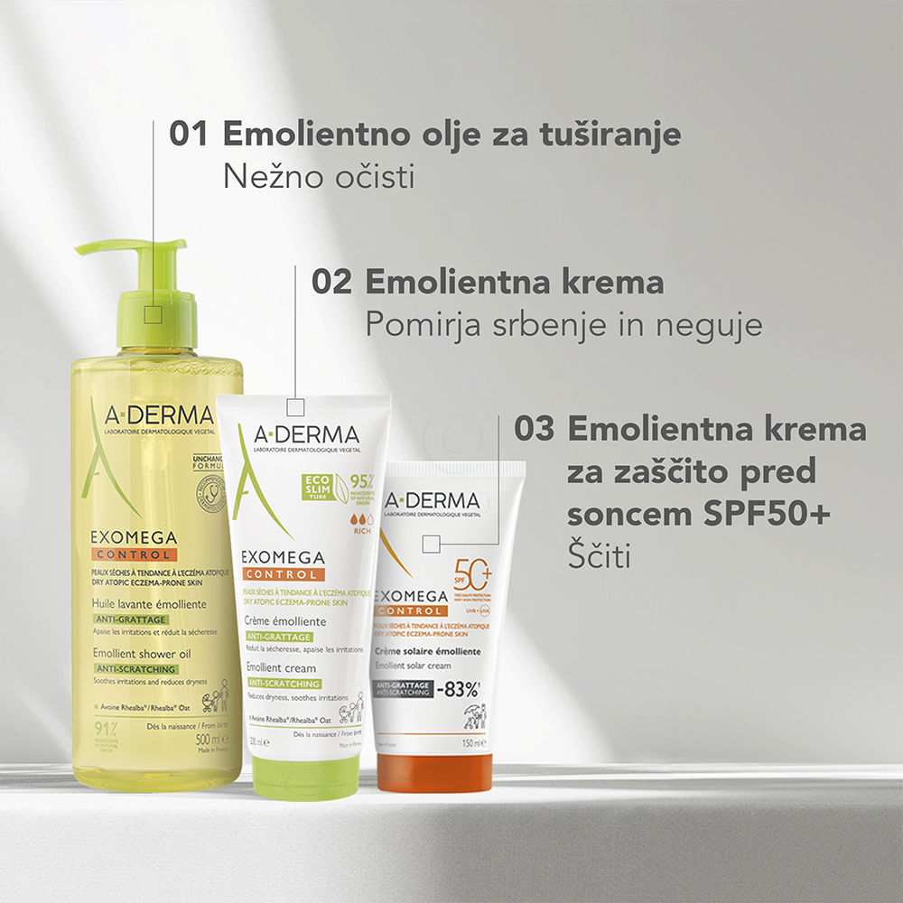 A-Derma Exomega Control, emolientna krema za zaščito pred soncem - ZF50+ (150 ml)