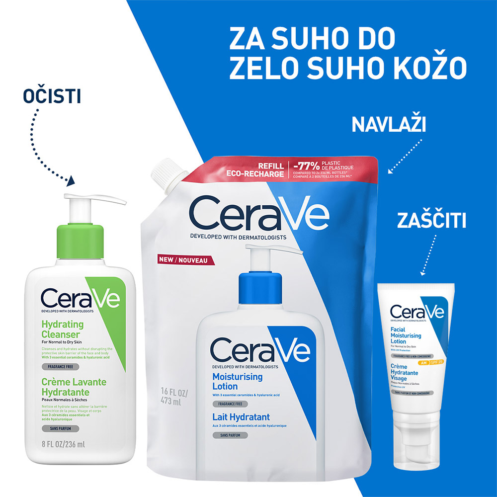 CeraVe, vlažilni losjon za telo za suho do zelo suho kožo - Refill (473 ml)