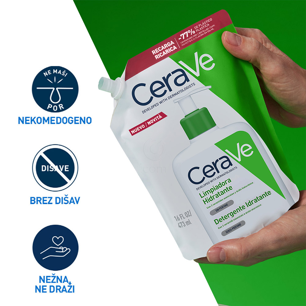 CeraVe, vlažilna čistilna emulzija za obraz za normalno do suho kožo - Refill (473 ml)