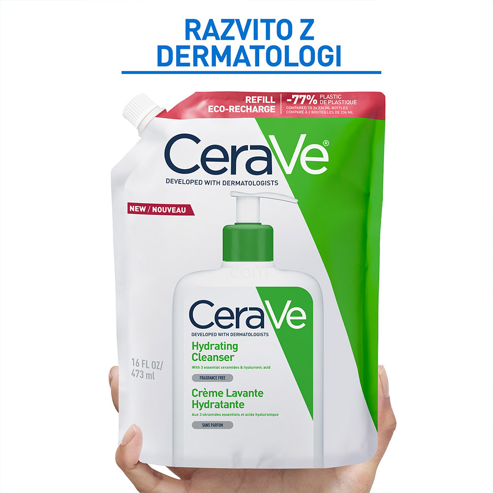 CeraVe, vlažilna čistilna emulzija za obraz za normalno do suho kožo - Refill (473 ml)