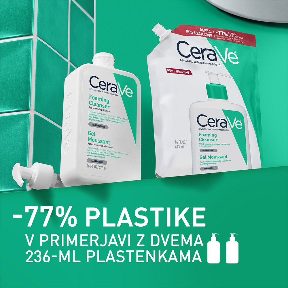 CeraVe, peneči čistilni gel za obraz za normalno do mastno kožo - Refill (473 ml)