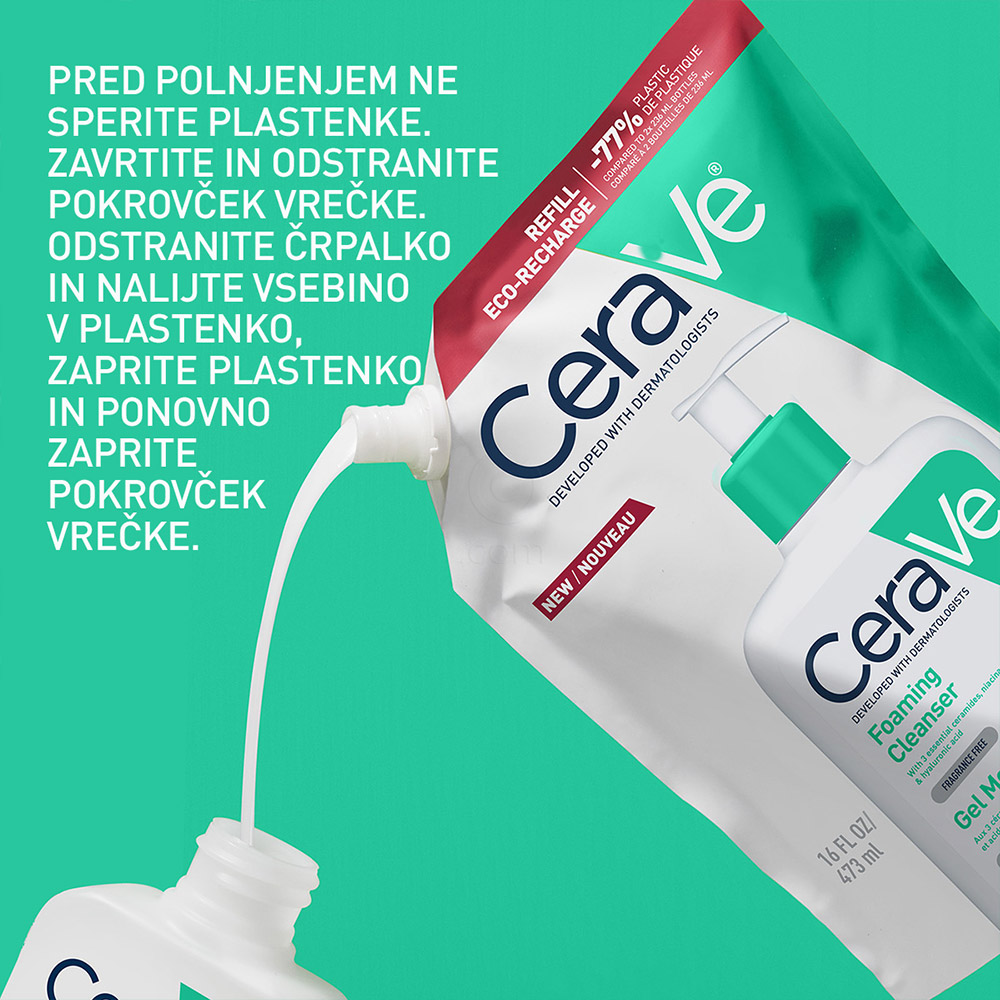 CeraVe, peneči čistilni gel za obraz za normalno do mastno kožo - Refill (473 ml)