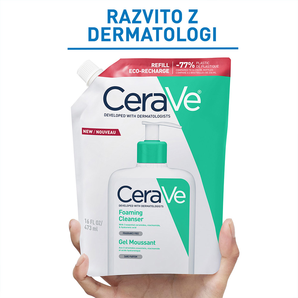CeraVe, peneči čistilni gel za obraz za normalno do mastno kožo - Refill (473 ml)