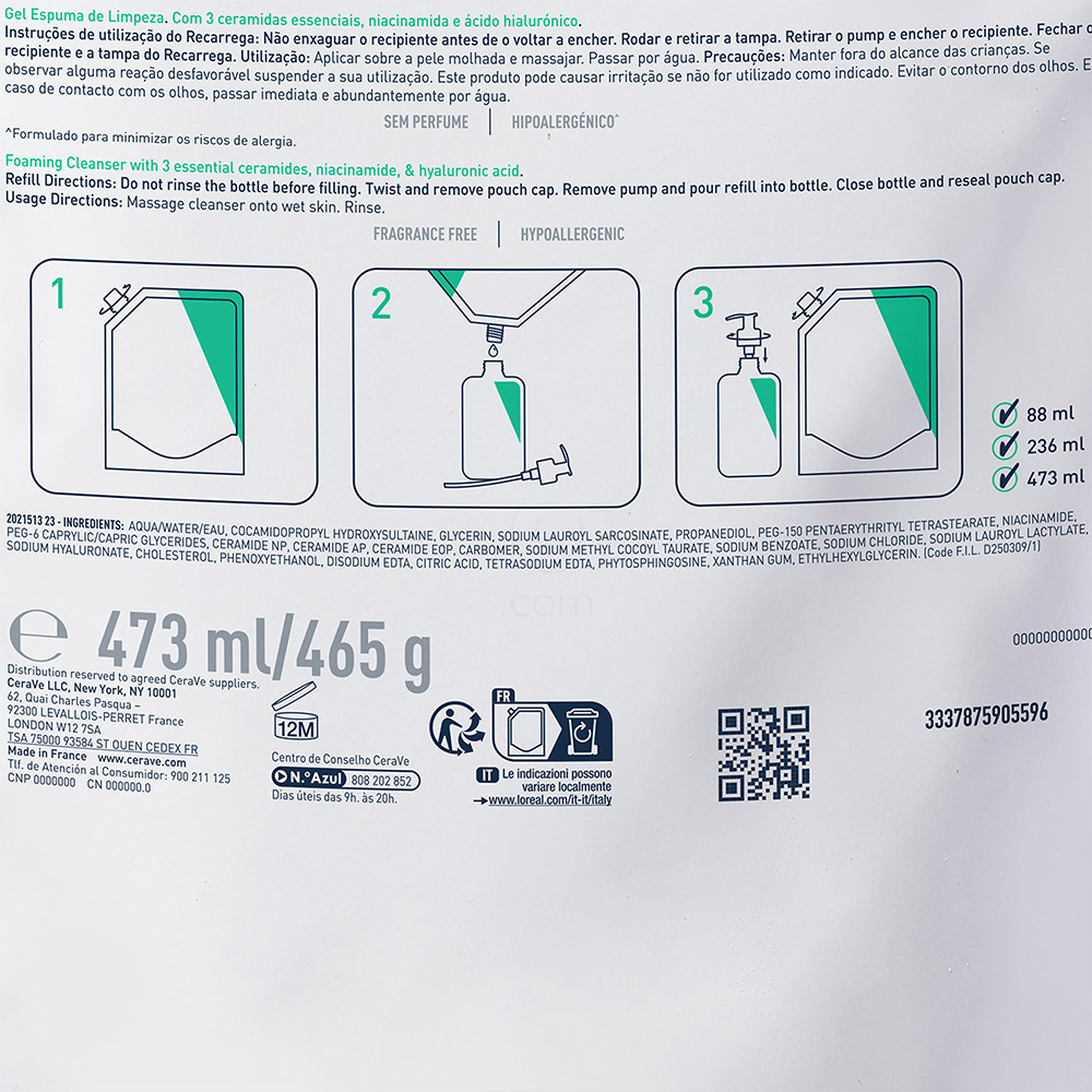 CeraVe, peneči čistilni gel za obraz za normalno do mastno kožo - Refill (473 ml)