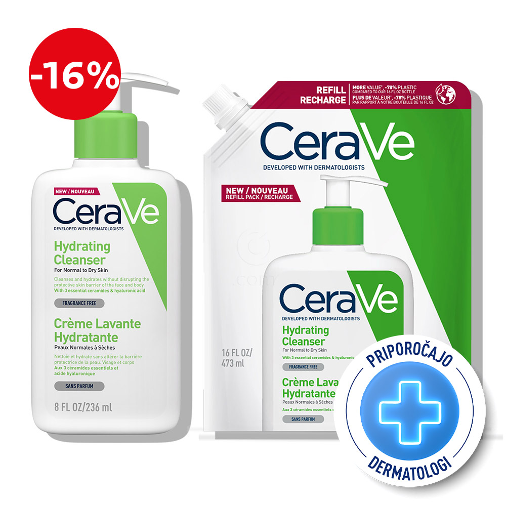CeraVe, protokol vlažilna čistilna emulzija za obraz za normalno do suho kožo (236 ml + 473 ml)