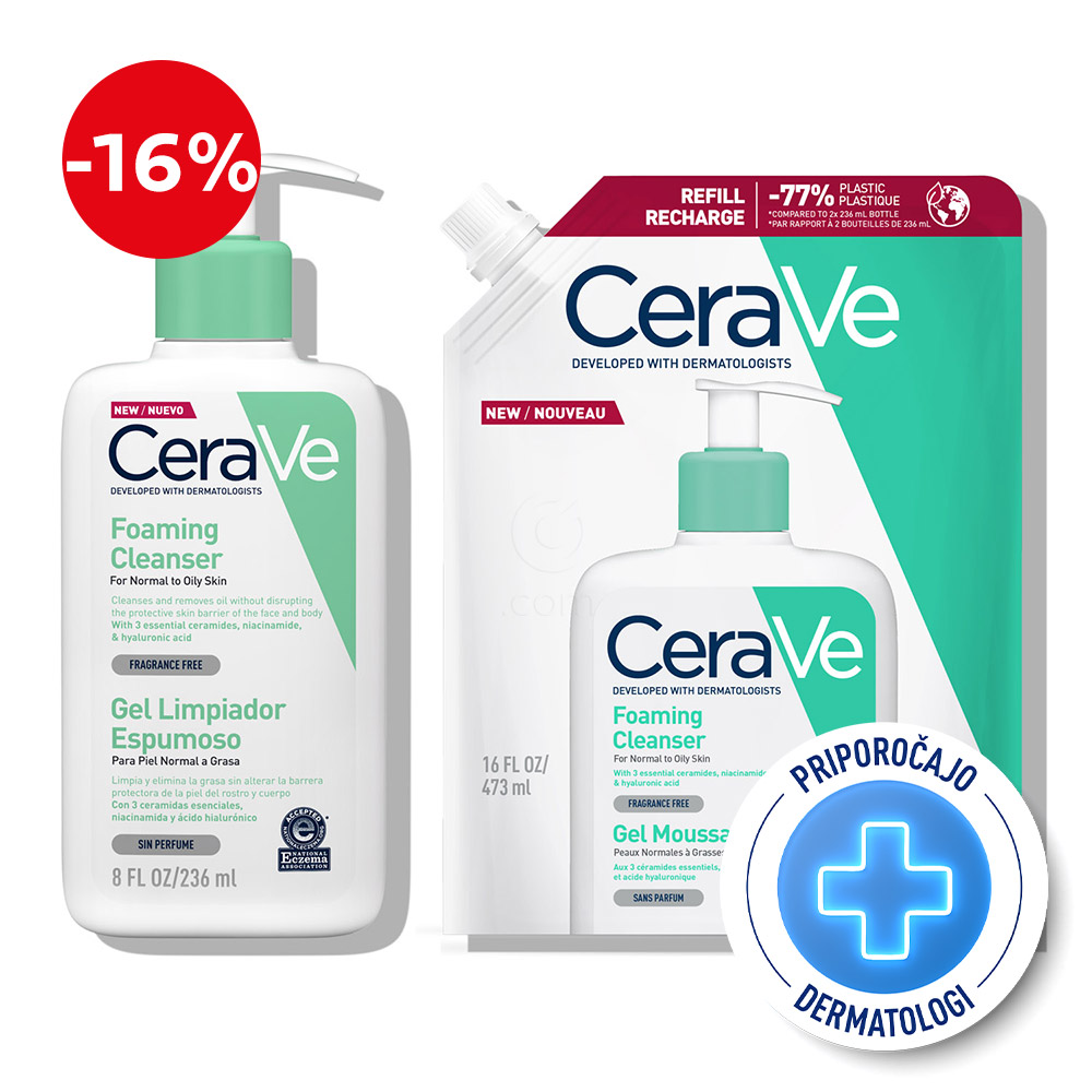 CeraVe, protokol peneči čistilni gel za obraz za normalno do mastno kožo - Refill (236 ml + 473 ml)