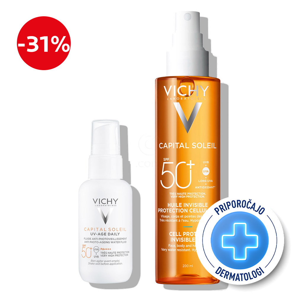 Vichy Capital Soleil, duo protokol za obraz in telo - UVage Daily + Cell Protect olje (40 ml + 200 ml)